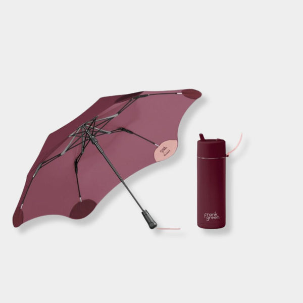 BLUNT x Frank Green limited edition reusable bottle and umbrella set in plum and petal colors