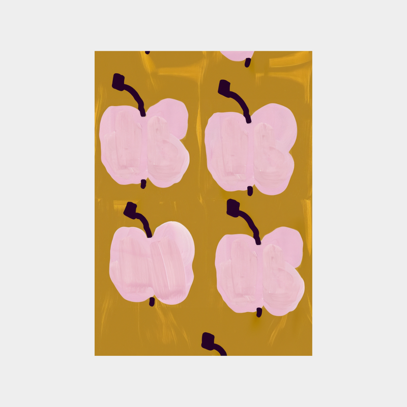 Apple of my Eye Print digital downloadable art with abstract pink apples on mustard background