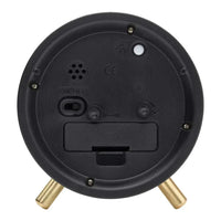 Back view of Maisie Silent Tick Alarm Clock in grey with gold legs, showing control switches and battery compartment