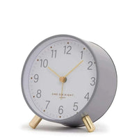 Maisie Silent Tick Alarm Clock in grey with gold legs and hands, vintage design, silent ticking, and built-in nightlight
