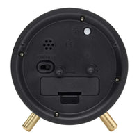 Back view of Maisie Silent Tick Alarm Clock featuring black casing and gold legs with alarm and nightlight controls