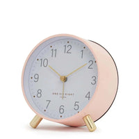 Maisie Silent Tick Alarm Clock in blush with gold legs and hands, vintage round design with alarm and nightlight functions