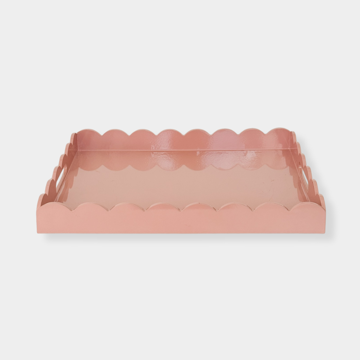 norsu Studio Rectangular Scalloped Tray in ochre pink with hand-lacquered scalloped edges and glossy finish, 43x33 cm.