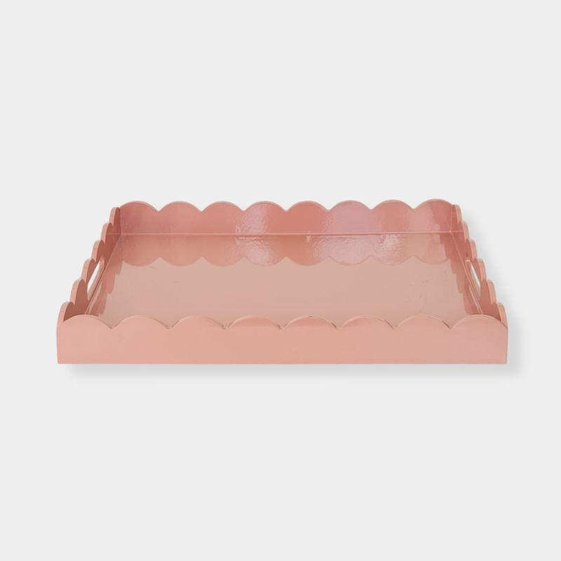 norsu Studio Rectangular Scalloped Tray in ochre pink with hand-lacquered scalloped edges and glossy finish, 43x33 cm.