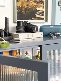 Mustard Made Locker with powder coated steel frame and fluted glass doors displaying adjustable shelves and medallion handles