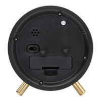 Back view of Maisie Silent Tick Alarm Clock showing battery compartment, on/off switch, and gold legs