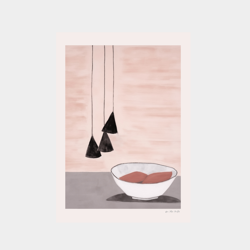 Minimalist On the Table Print digital download with bowl and hanging lights illustration