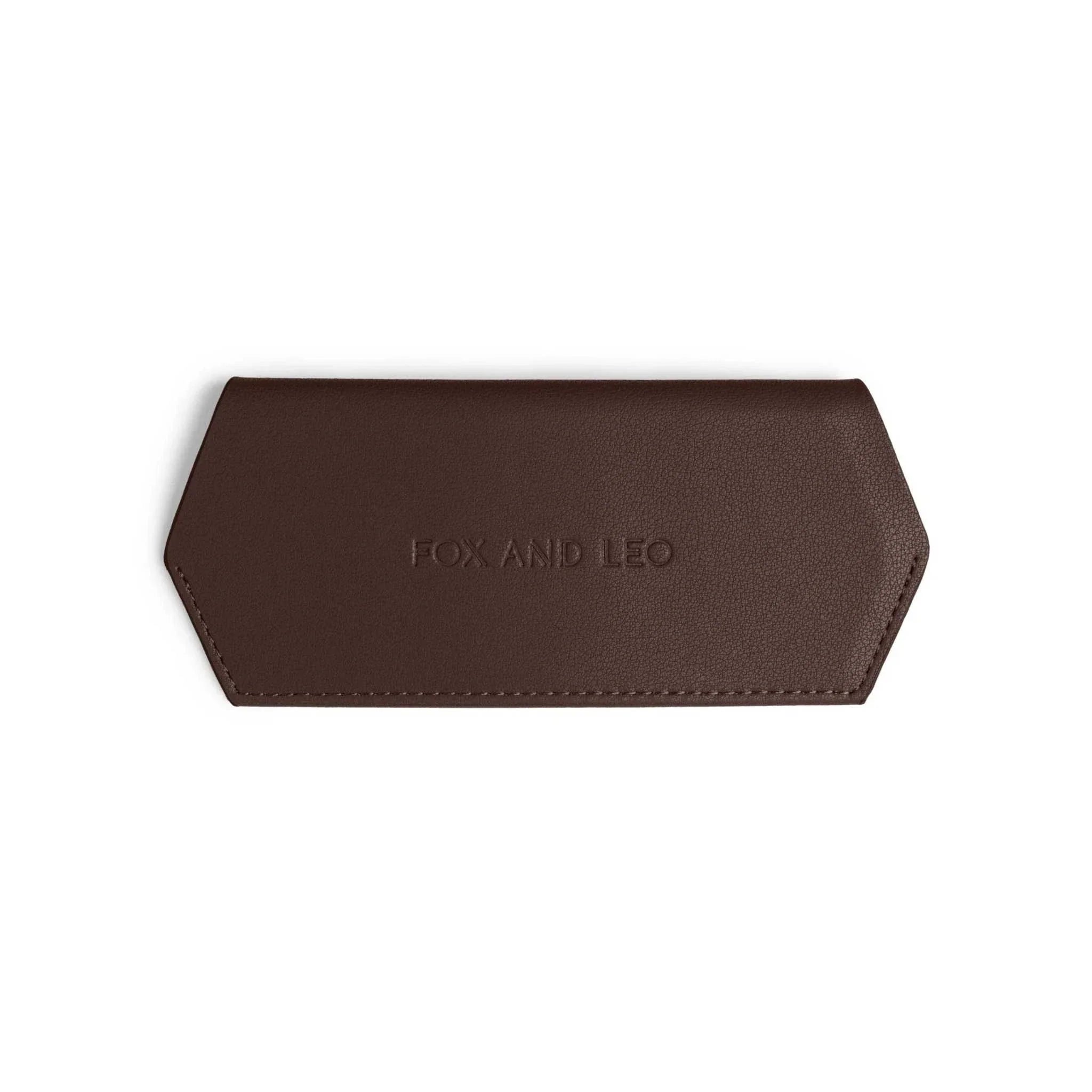 Fox and Leo slimline chocolate brown leather glasses case with magnetic backing and embossed logo