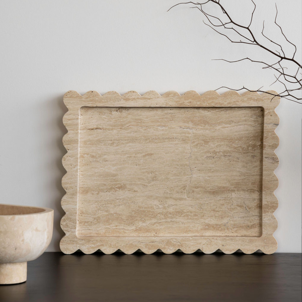 CoTheory Marble Tray, Scalloped Tray - Beige Travertine