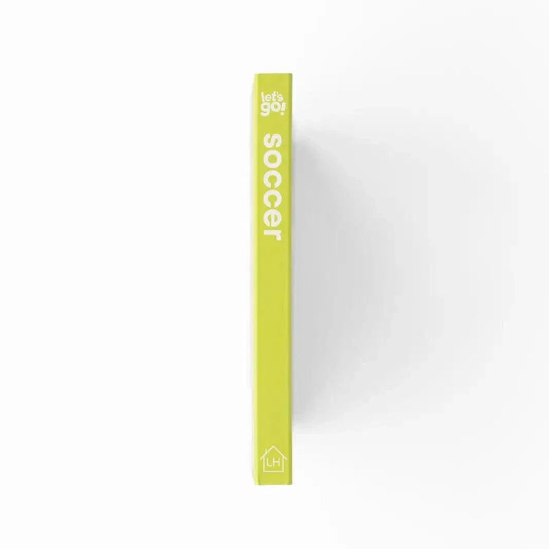 Spine of green board book titled Soccer from Let's Go! series for babies aged 0-4
