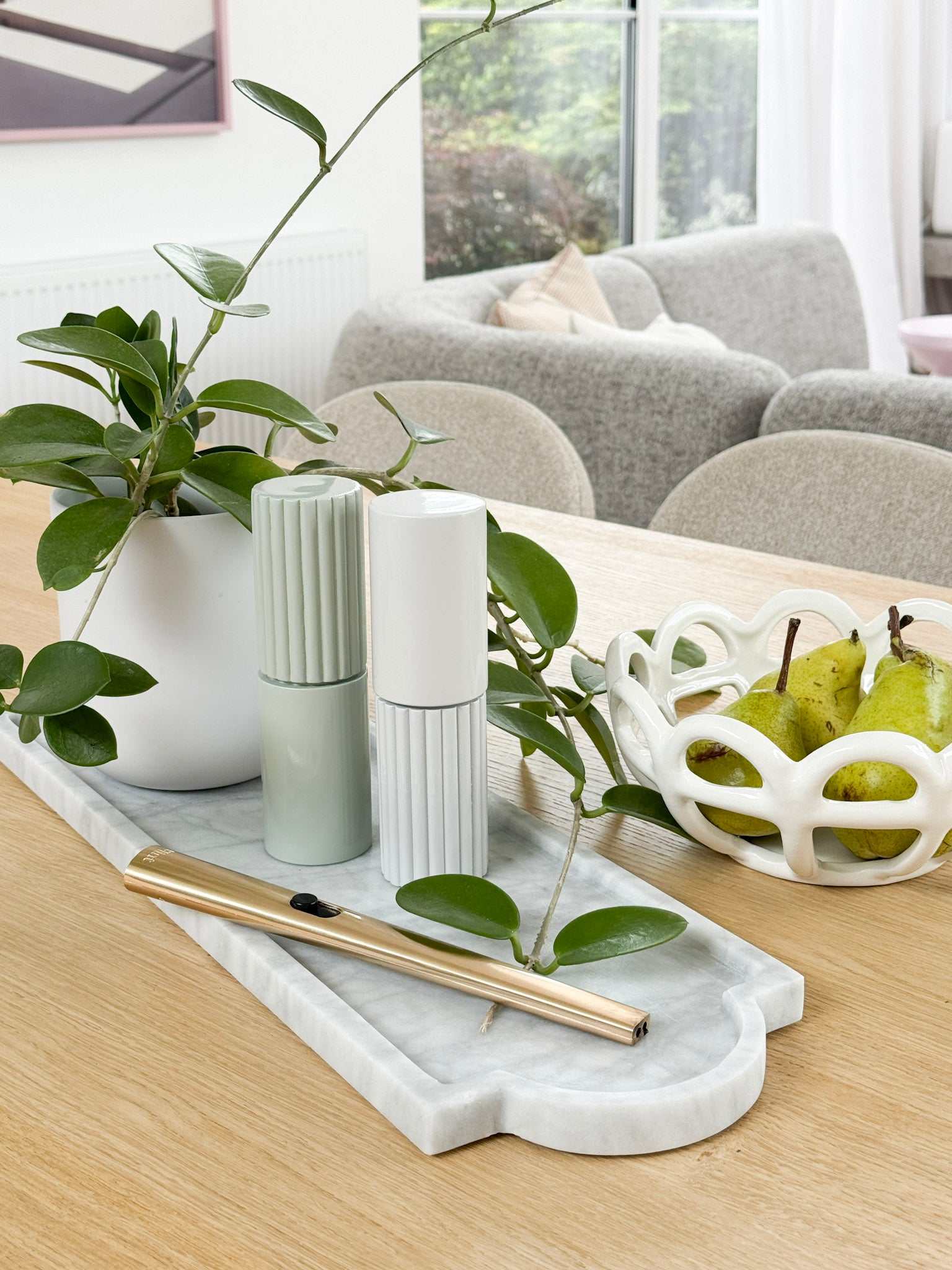 norsu STUDIO Marble Long Tray Calacatta white marble serving tray with natural grey veining on wooden table with decor