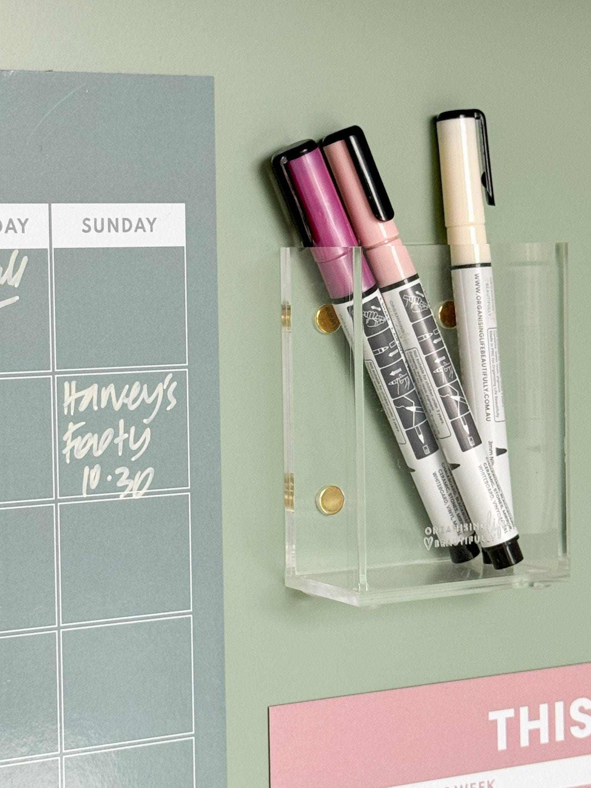 Sky blue magnet meal planner on fridge with markers for weekly menu organization