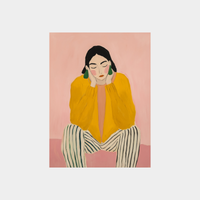 I Heart Fashion digital downloadable art print of woman in yellow jacket and striped pants against pink background