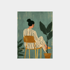 Digital download artwork of a woman sitting on a chair next to a potted plant with a textured green background.