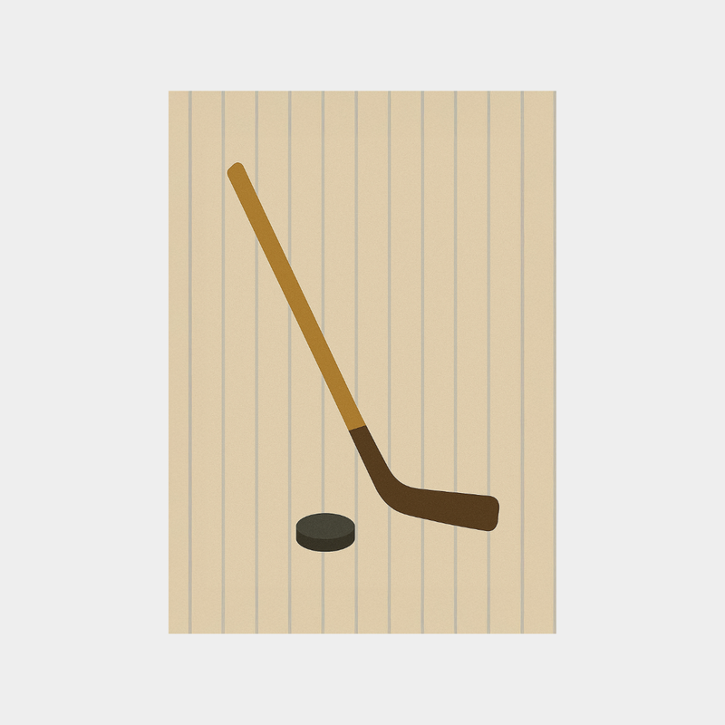 Minimalist Hockey Life Print digital download featuring a hockey stick and puck on a beige striped background