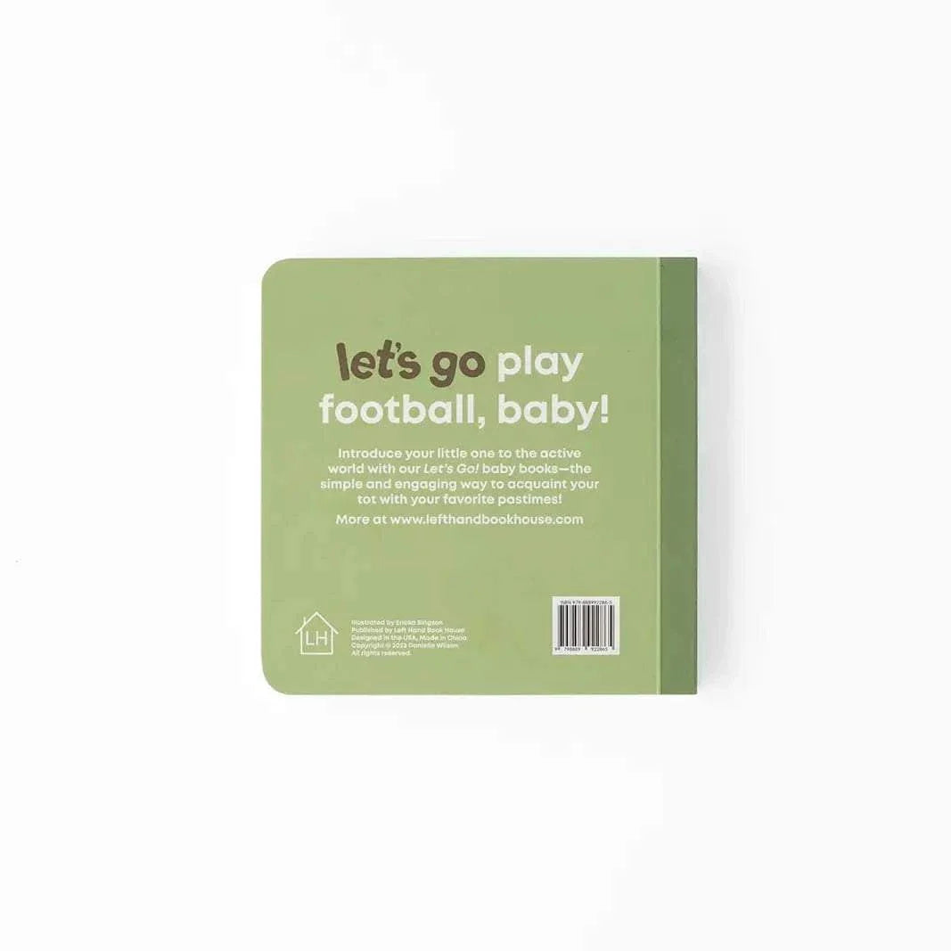 Back cover of the Left Hand Book House Football Baby board book with green background and white text