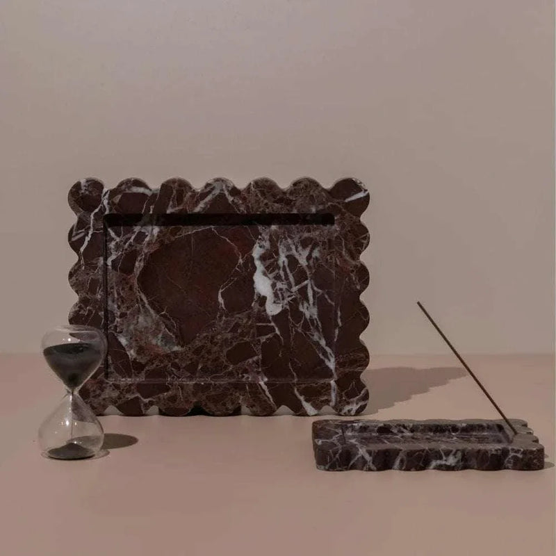 CoTheory Palazzo Scalloped Marble Bar Tray in Rosso Levanto with dark red marble and white veining, medium size, elegant narrow design with scalloped edges.