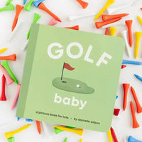 Golf Baby board book for toddlers with golf-themed illustrations and durable board pages surrounded by colorful golf tees