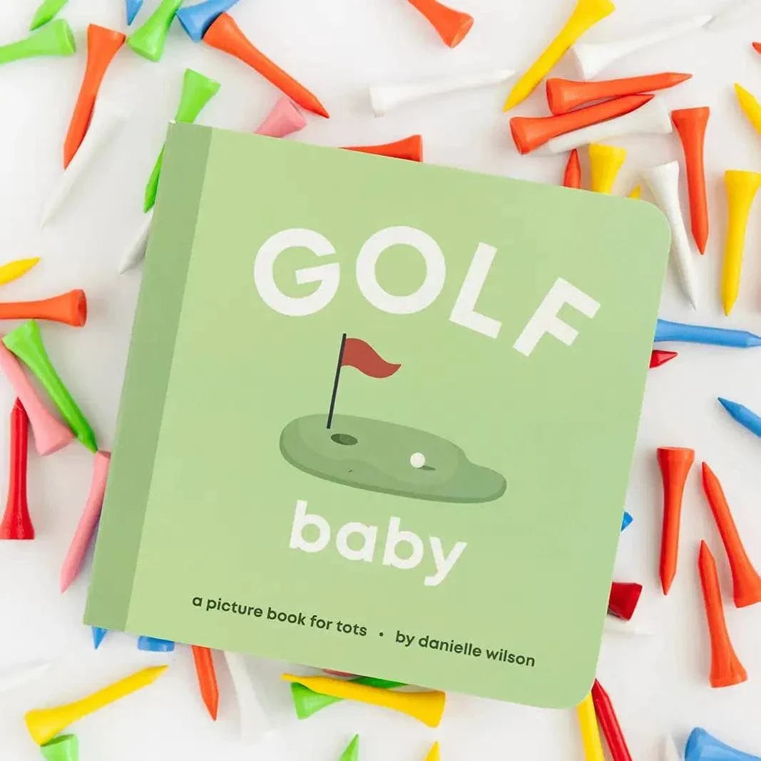 Golf Baby board book for toddlers with golf-themed illustrations and durable board pages surrounded by colorful golf tees