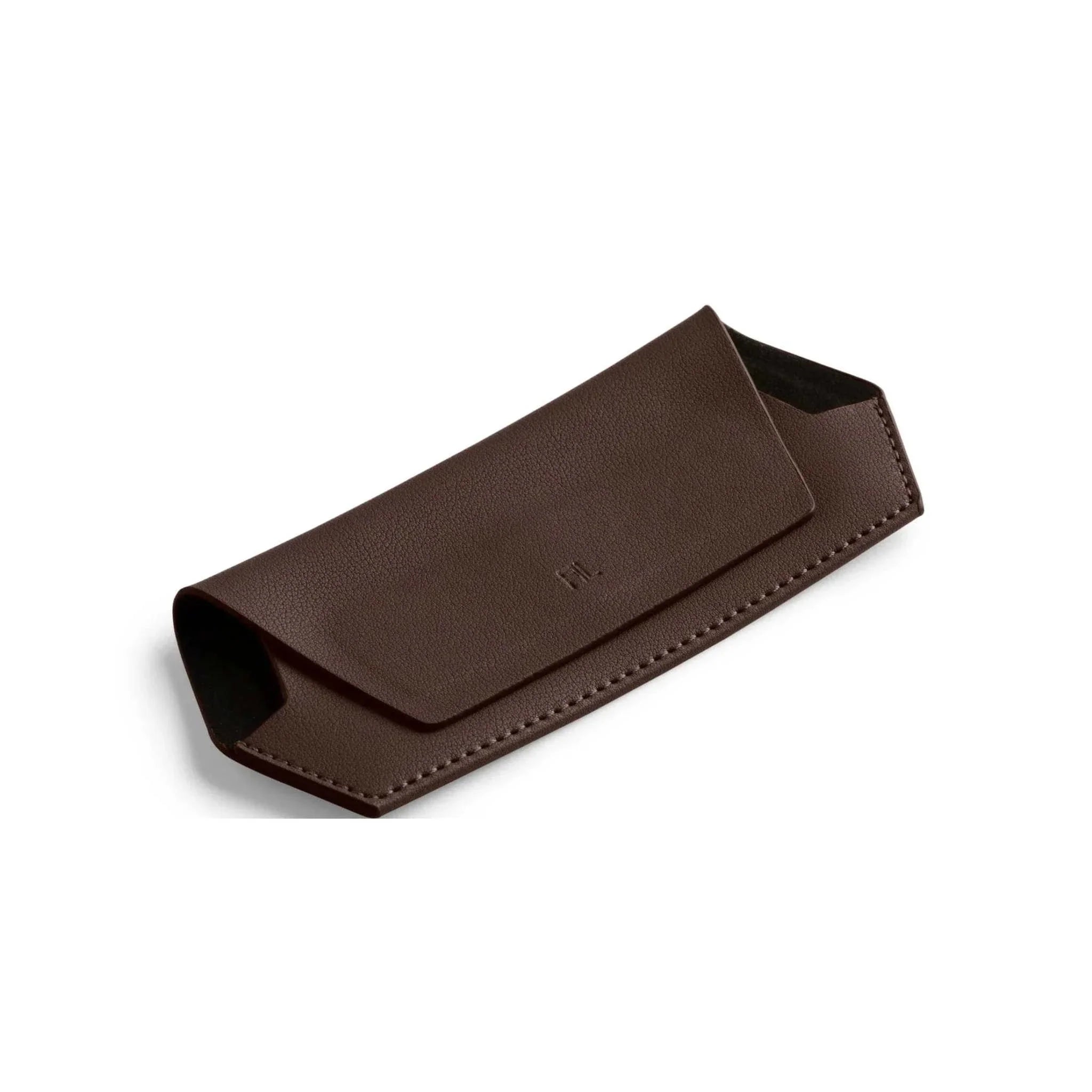 Brown leather Fox and Leo glasses case with magnetic closure and microfibre lining
