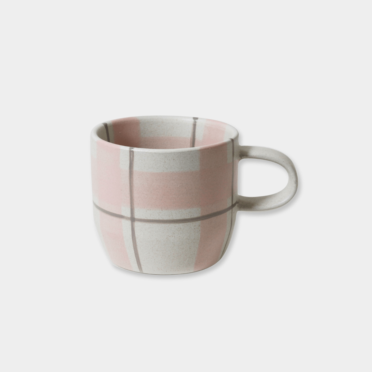Robert Gordon hand-painted ceramic mug with blush and grey tartan design