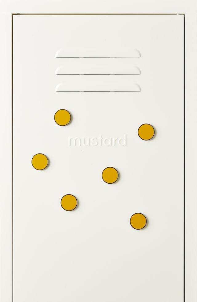 Set of six round mustard yellow magnetic buttons by Mustard Made on white display card