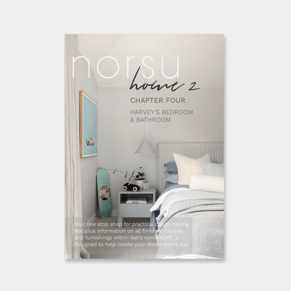 Cover of norsuHOME 2 digital magazine chapter four featuring practical design tips for Harvey's bedroom and bathroom.
