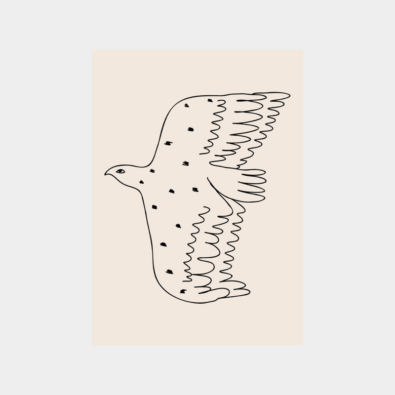 Minimalist black line drawing of a flying bird on beige background digital downloadable Flying Solo Print