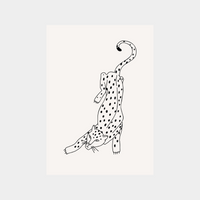 Minimalist digital print of a stretching spotted leopard on a plain background