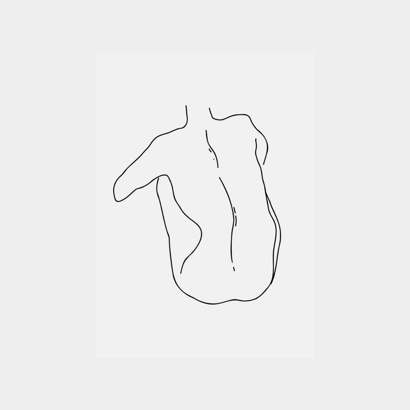 minimalist digital downloadable art print of a woman's back outline in black on white background