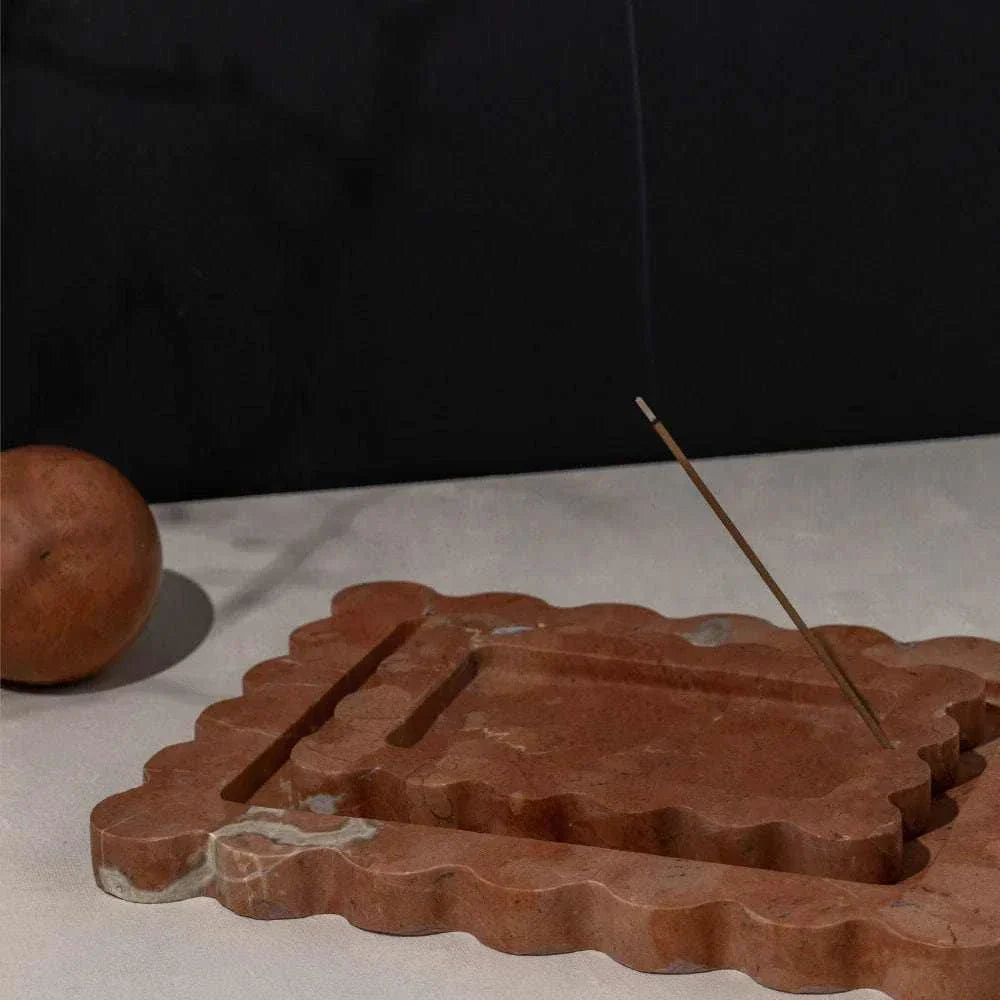 CoTheory Marble Tray in Rosso Alicante with scalloped edges and incense holder, elegant design with red marble finish