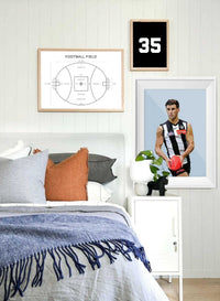 Customizable clubhouse wall art set featuring a football field diagram, player illustration, and number print above a cozy bedroom setting