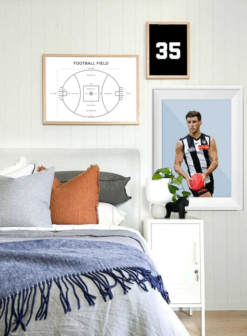 Customizable clubhouse wall art set featuring a football field diagram, player illustration, and number print above a cozy bedroom setting
