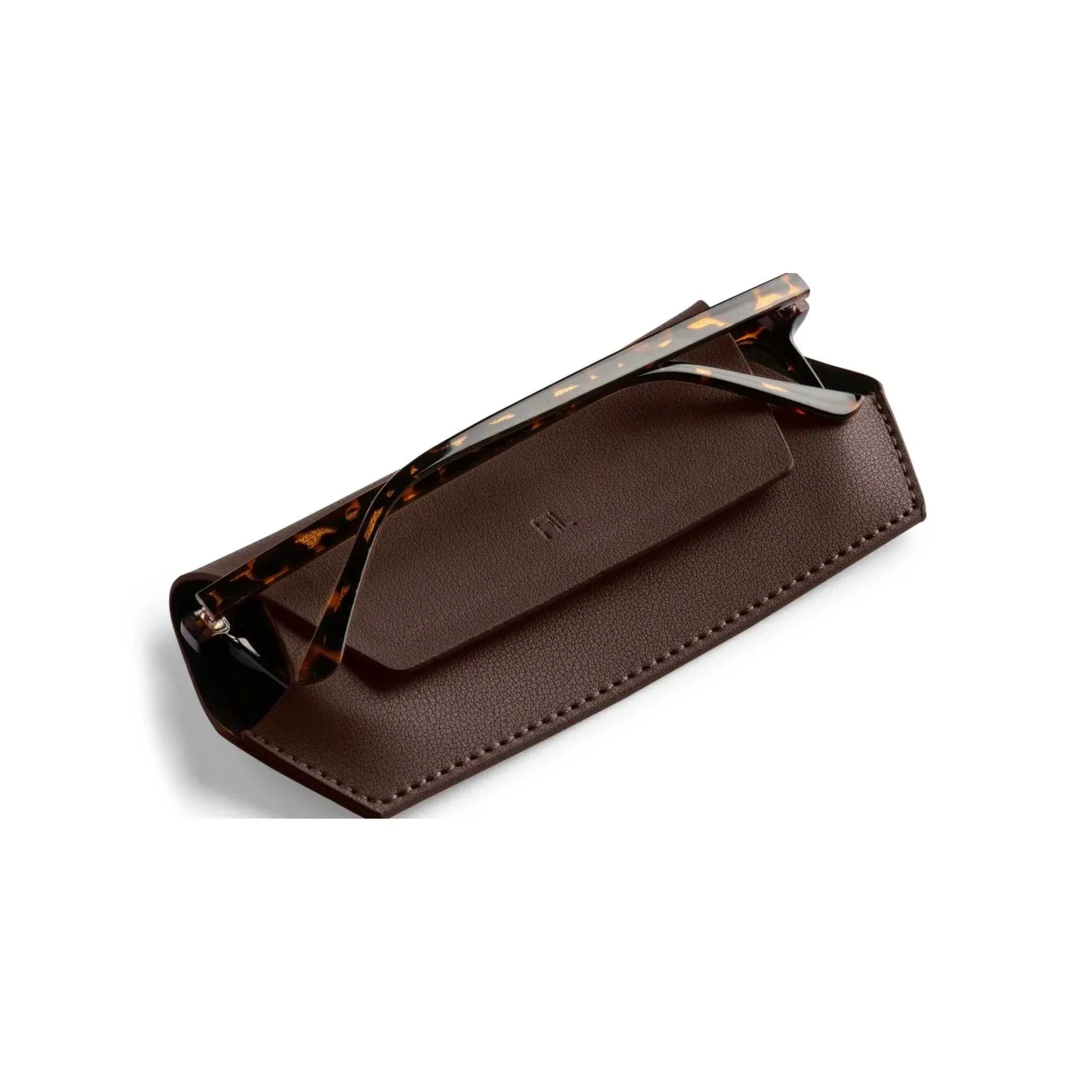 Fox and Leo glasses case in chocolate brown leather with magnetic backing and microfibre lining, slim and protective design