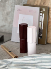 norsu Studio Salt & Pepper Grinders Merlot with rubber wood body and ceramic core in modern gloss lacquer