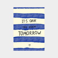 Downloadable digital print with motivational text "It's okay. Try again tomorrow." on blue and white striped background