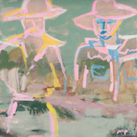 Marcia Priestley Limited Edition fine art canvas print "Stockman Yard" with abstract figures in pastel tones and optional floating oak frame.