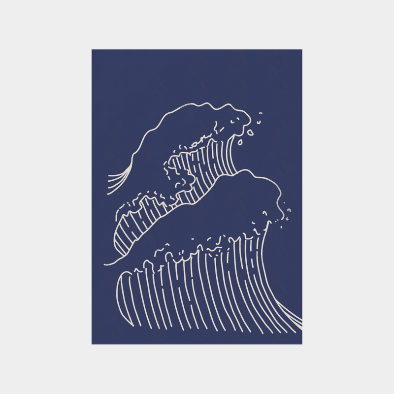 Minimalist white line art of ocean waves on navy blue background high resolution digital download print