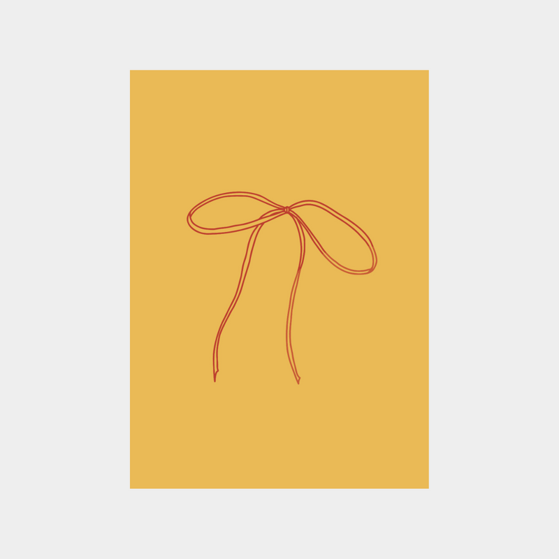 Minimalist digital print of a red ribbon bow on mustard yellow background