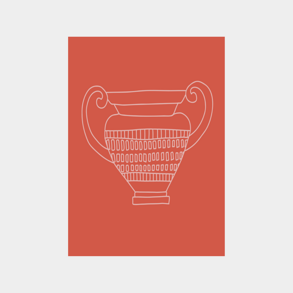 Minimalist digital download art print of an ancient vase on terracotta background