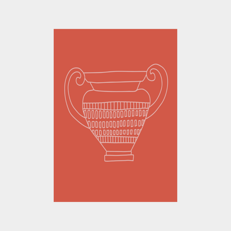 Minimalist digital download art print of an ancient vase on terracotta background