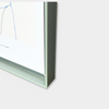 Close-up of norsu STUDIO sage acrylic box gallery frame corner showing sleek premium acrylic construction with sandwich design and screw fasteners for A3 size artwork display.