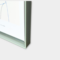 Close-up of norsu STUDIO sage acrylic box gallery frame corner showing sleek premium acrylic construction with sandwich design and screw fasteners for A3 size artwork display.