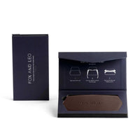 Fox and Leo glasses case chocolate color slim 100% leather with protective microfiber lining and magnetic backing in open black box