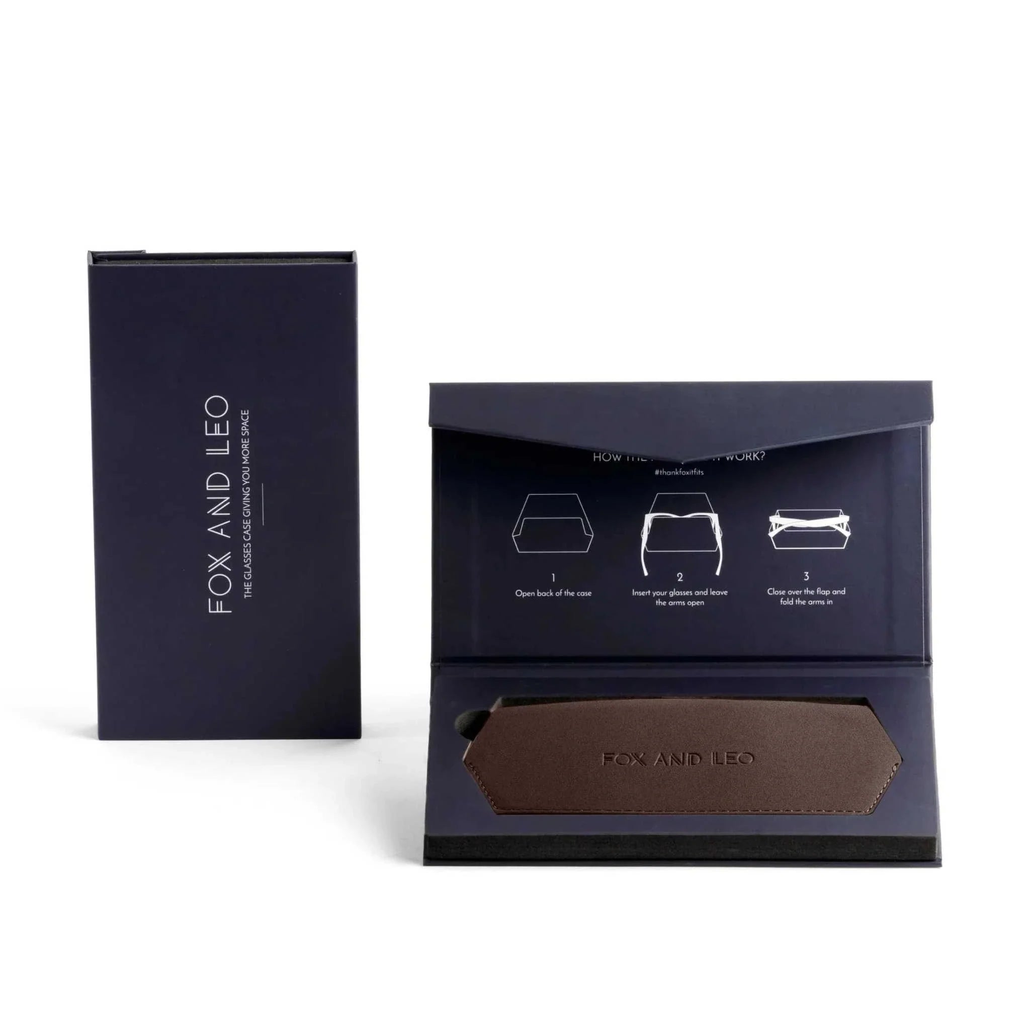 Fox and Leo glasses case chocolate color slim 100% leather with protective microfiber lining and magnetic backing in open black box