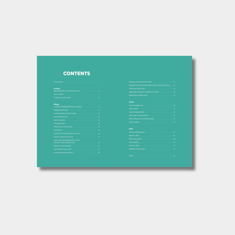 Contents page of Tacos By Lily Ramirez-Foran cookbook with Mexican and Irish inspired taco recipes on teal background