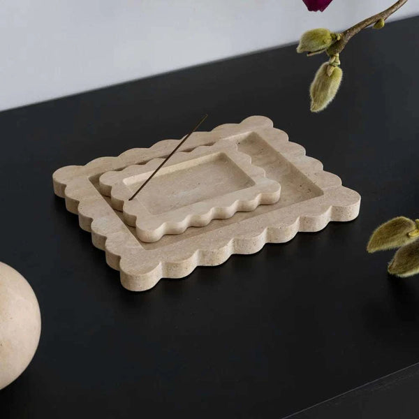 Beige Palazzo Scalloped Marble Tray and incense holder made from travertine stone