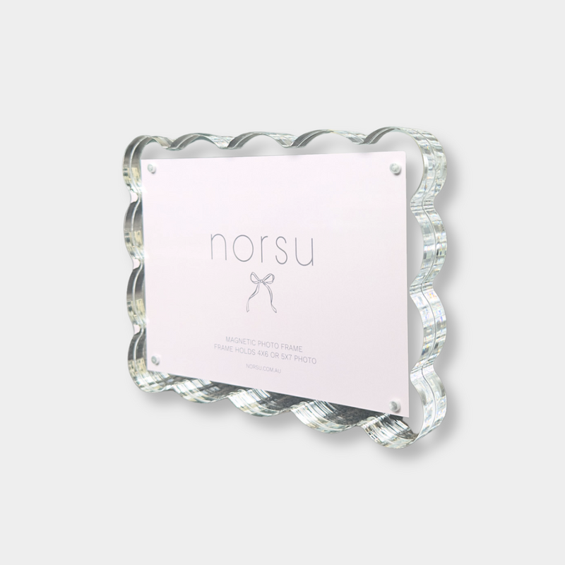 norsu Studio Scalloped Magnetic Photo Frame with clear acrylic scalloped edges and secure magnetic closure for 4x6 or 5x7 photos, designed in Melbourne