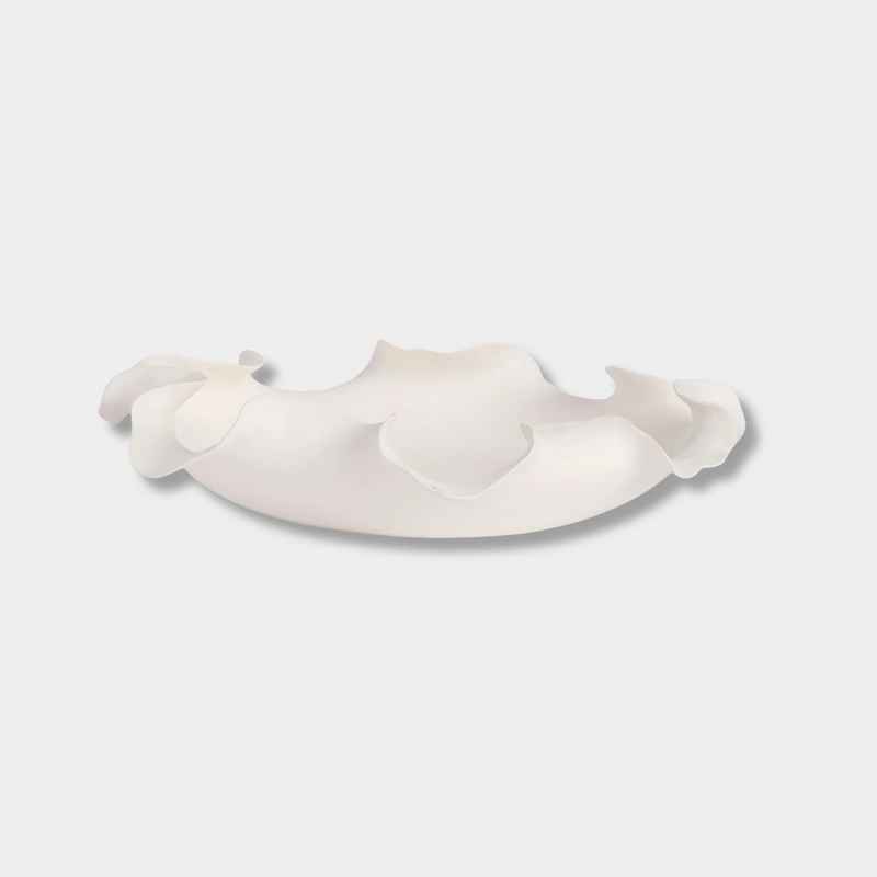 Lottie Decorative Bowl white ceramic with ruffled edges and matte finish, 34cm centerpiece for modern minimalist décor