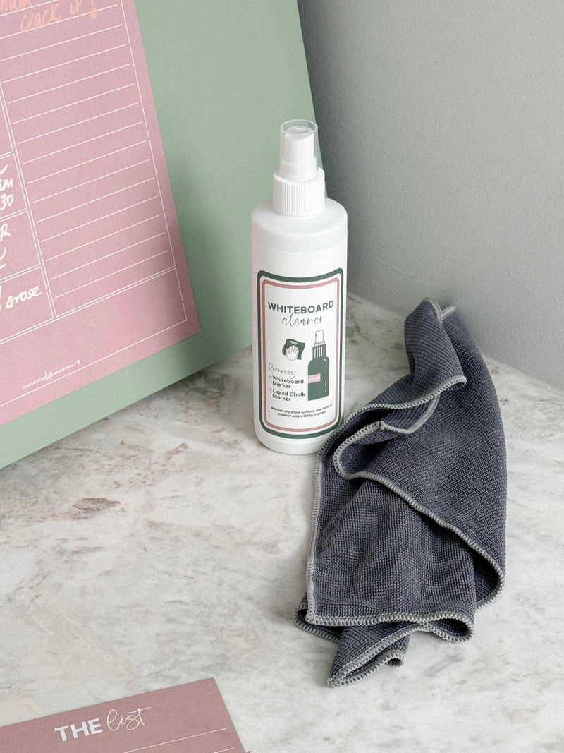 Sky blue magnet meal planner on fridge with whiteboard cleaner and cloth on countertop